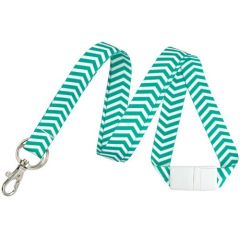 A vibrant emerald and white zigzag pattern fashion lanyard featuring a sturdy trigger hook and split ring, designed with a smooth fabric finish.