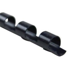 A Fellowes Premium 1/4" Navy Blue Plastic Binding Comb with a smooth, glossy finish and evenly spaced loops is designed for securely binding punched documents while allowing easy page turning.