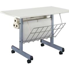 A mobile Laminating Workstation with a white tabletop, wire storage basket, and built-in roll holders on a sturdy metal frame with wheels.