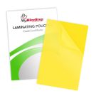 Yellow 10mil Credit Card Laminating Pouches with a glossy finish, ideal for protecting and enhancing credit card-sized documents.