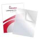 A pack of 8" x 10" Photo Card Laminating Pouches with a transparent sheet shown next to the packaging.