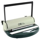 The Akiles 2:1 OffiWire Manual Wire Binding Machine, featuring a sturdy design with a green base and a white top, equipped with a black handle for easy wire binding operations.