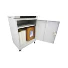 Open Cabinet Stand for Revo-Office Laminator showing storage space with film rolls and a cardboard box.
