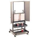 Challenge Paddy Wagon Heavy Duty Padding Press, featuring a sturdy metal frame with a clamping mechanism and shelves for holding padding supplies.