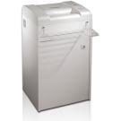 A white Dahle 20392 High Capacity Level P-5 Micro Cut Paper Shredder with a metal rack attachment, designed for efficient and secure document shredding.