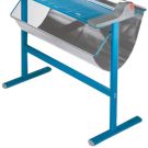 A blue Dahle 798 Stand for Model 448 Premium Rolling Trimmer with a sturdy metal frame, integrated catch tray, and a sleek cutting guide visible on the trimmer platform.