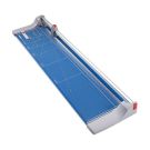 The Dahle Model 448 Premium Rolling Trimmer - 51 1/8 Inch, featuring a long blue cutting surface with gridlines and a durable rolling blade for precise trimming.