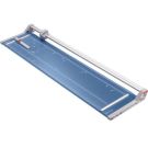 A top view of the Dahle Model 558 Professional 51 Inch Rolling Trimmer, featuring a blue cutting mat, metal guide rail, and a sliding blade for precision trimming.