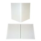 Fastback White 8.5" x 11" Composition Hard Covers shown in both a closed upright position and an open flat layout, highlighting their durable construction and smooth white finish.