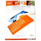 Packaging of GBC HeatSeal Crystal Clear Legal Size Pouches featuring 100 laminating pouches with a sleek orange calendar design.