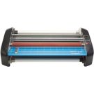 Front view of the GBC Pinnacle 27 EZ Load 27" School Thermal Roll Laminator with a blue cutting mat and roller system.