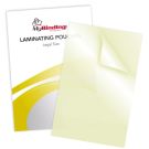 Transparent Legal Size Sticky Back Laminating Pouches with a glossy finish, perfect for protecting and displaying documents.