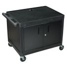 A Luxor Endura 27" High Black 2-Shelf A/V Utility Cart with Cabinet, featuring a durable black frame, lockable doors, and swivel casters for mobility.