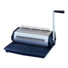 The Tamerica TCC2100 Manual Plastic Comb Binding Machine, featuring a sleek black and silver design with a sturdy handle for manual operation.