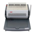 The Tamerica TCC2100E Electric Plastic Comb Binding Machine, featuring its compact design with metal combs on the top and a wide base for secure document binding.