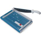 Shows a Dahle Model 533 Professional 13 Inch Guillotine Paper Cutter with a blue cutting base, safety features, and precision measurement guides.