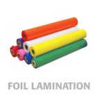 Colorful rolls of 8" x 100' Pigment Laminating Foil in various shades, ideal for decorative and protective applications.