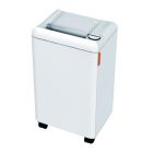 Front view of the MBM Destroyit 2503 Micro Cut Paper Shredder with a compact design and sturdy wheels for easy mobility.