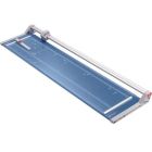 A top view of the Dahle Model 558 Professional 51 Inch Rolling Trimmer, featuring a blue cutting mat, metal guide rail, and a sliding blade for precision trimming.