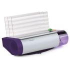 The Fastback 9 Strip/Tape Binding Machine features a compact design with a silver body and purple accents, processing a stack of documents for a professional strip binding finish.