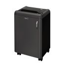A sleek black Fellowes Powershred HS-440 High Security Paper Shredder with a compact design and sturdy wheels for easy mobility.