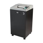 A black and gray GBC CHS10-30 TAA Compliant 10-Sheet Level P-7 High-Security Commercial Shredder designed for professional use, shown on caster wheels.