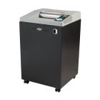 A GBC CX22-44 TAA Compliant 22-Sheet Level P-3 Cross-Cut Commercial Shredder with a sleek black and gray design on casters for office use.