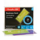 GBC Swingline SelfSeal NoMistakes Business Card Size Cold Pouches packaging is shown, featuring a 10-pack of 2.5 x 3.9-inch laminating pouches with a green business card example.