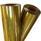 Rolls of Gold Glitter Laminating / Toner Fusing Foil with a sparkling holographic finish.