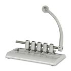 A white, manual hole punch device with a curved handle, identified as the Master 525M Hole Punch by Martin Yale, featuring multiple punch heads and a sturdy base for creating clean, precise holes in paper.