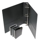 Premium Black D-Ring Clear Overlay View Binders displayed in various sizes with one binder open showing the D-ring mechanism.