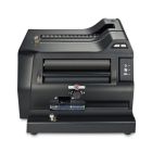 A Rhin-O-Tuff 3000 Desktop Electric Coil Binding Machine, featuring a compact, black design with a coil binding mechanism and control buttons on the side.