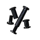 A set of Black Plastic Screw Posts with a threaded design and flat, wide heads, used for securely binding documents, swatches, or other materials.