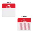 Thermal-Printable TIMEBadge Expiring Half Day Badge FRONTpart - Blank features two badges, with the top labeled "Valid" showcasing a white area for customization and the bottom marked "Expired" displaying diagonal pink stripes across the same white backgr