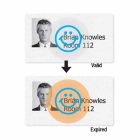 Thermal-Printable Expiring School Badge - Blank features two badge designs, with the top displaying a photo of a student alongside a blue smiley face badge icon labeled "Valid," and the bottom showing the same photo with an orange overlay marked "Expired.
