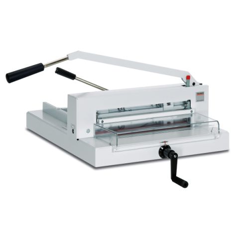 A Triumph 4305 16.875" Tabletop Manual Paper Cutter, featuring a long handle for manual operation and a precision cutting mechanism with a crank handle.