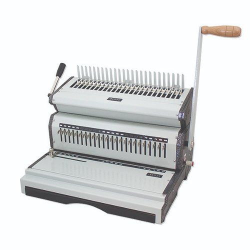 Akiles CombMac-24M Manual Plastic Comb Punch and Bind Machine with wooden handle for binding documents, featuring dual binding and punching mechanisms in a sturdy, compact design.