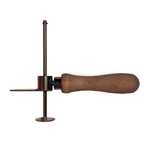 A Lassco Wizer W172-USA 4" Adjustable Pad Counter with a sturdy wooden handle, a vertical metal rod, and an adjustable blade mechanism for accurate measurements.
