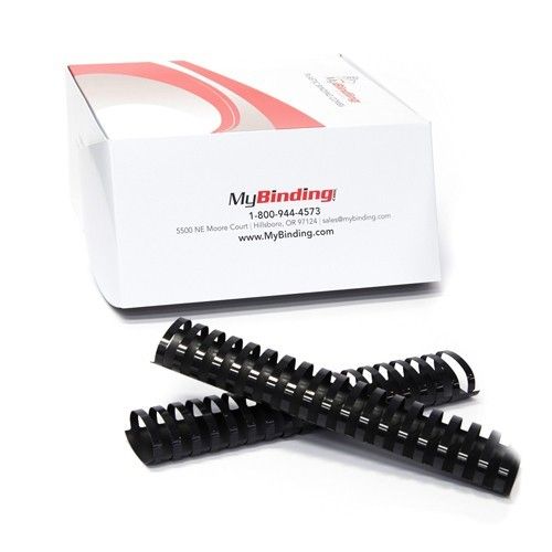 Black 1 1/2" Plastic Binding Combs placed in front of a MyBinding packaging box.