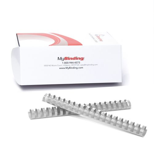 A box from MyBinding with several 1-1/4" Grey Plastic Binding Combs displayed in front of it.
