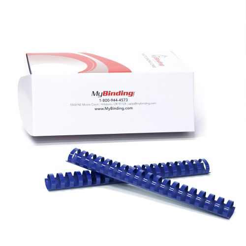 A box and several 1-1/4" Royal Blue Plastic Binding Combs from MyBinding.