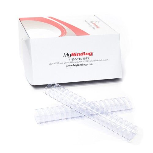 Box of 1-3/4" Clear Plastic Binding Combs with two combs displayed in front.