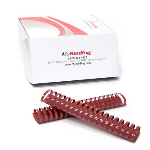 1-3/4" maroon plastic binding combs in front of a MyBinding branded box.