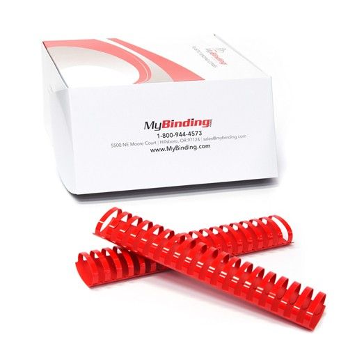 Two 1-3/4" Red Plastic Binding Combs displayed in front of a MyBinding packaging box.