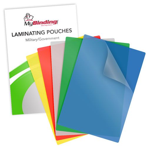 Stack of 10mil Colored Military Laminating Pouches in assorted colors, ideal for durable and professional-grade document protection.