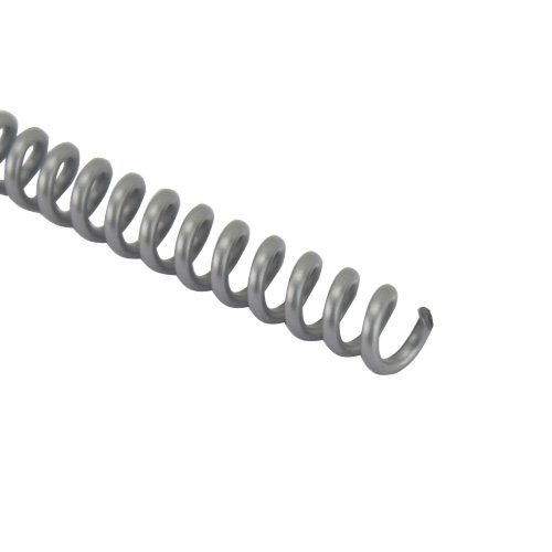 Close-up of a Silver 4:1 Pitch Plastic Spiral Binding Coil showing its curved and durable design.
