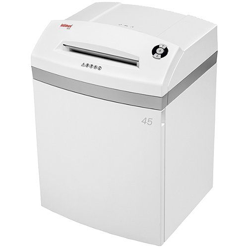 The Intimus 45 CP7 Cross-Cut High Security Shredder, a sleek white document shredder designed for maximum data protection.