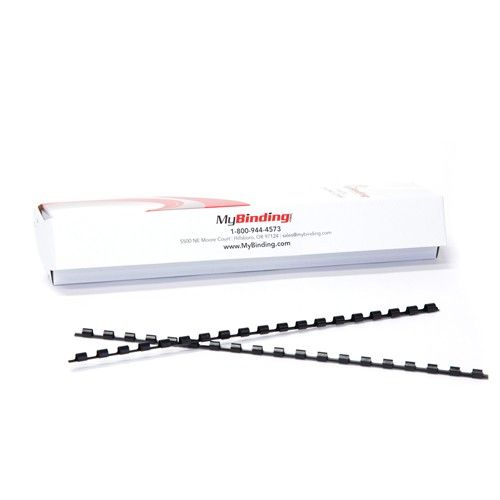 Box of black 3/16" Plastic Binding Combs laid out in front with packaging in the background.