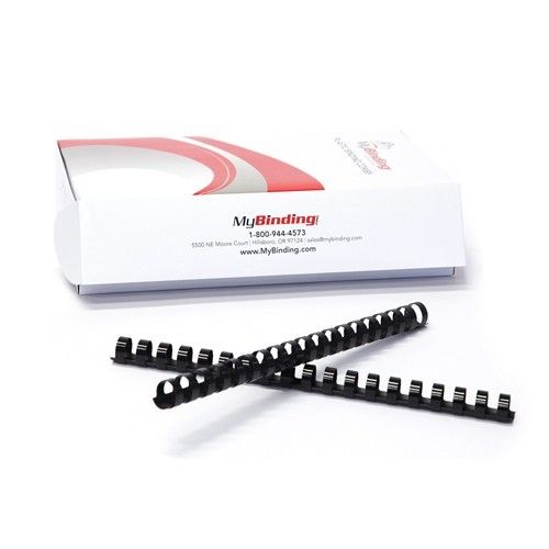 Showing a box of 3/4" Plastic Binding Combs with two black combs placed in front of it.