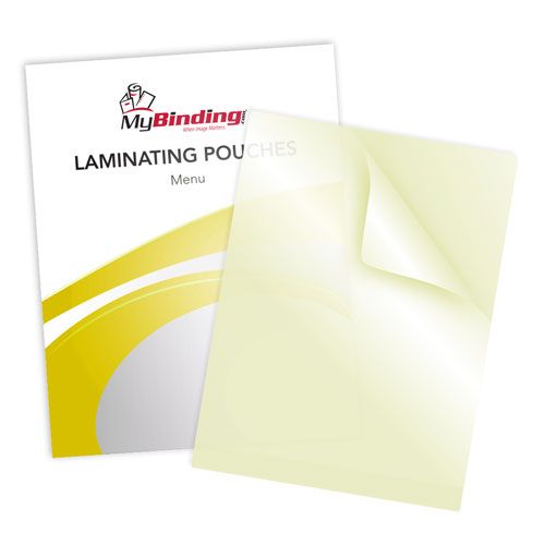 3mil Menu Size Sticky Back Laminating Pouches featuring a clear adhesive backing and a glossy protective sheet for durable lamination.